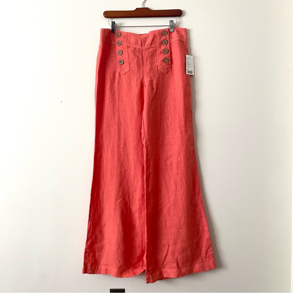 Anthropologie Elevenses Bright Orange Coral Wide Leg Flare Sailor Linen Pants
